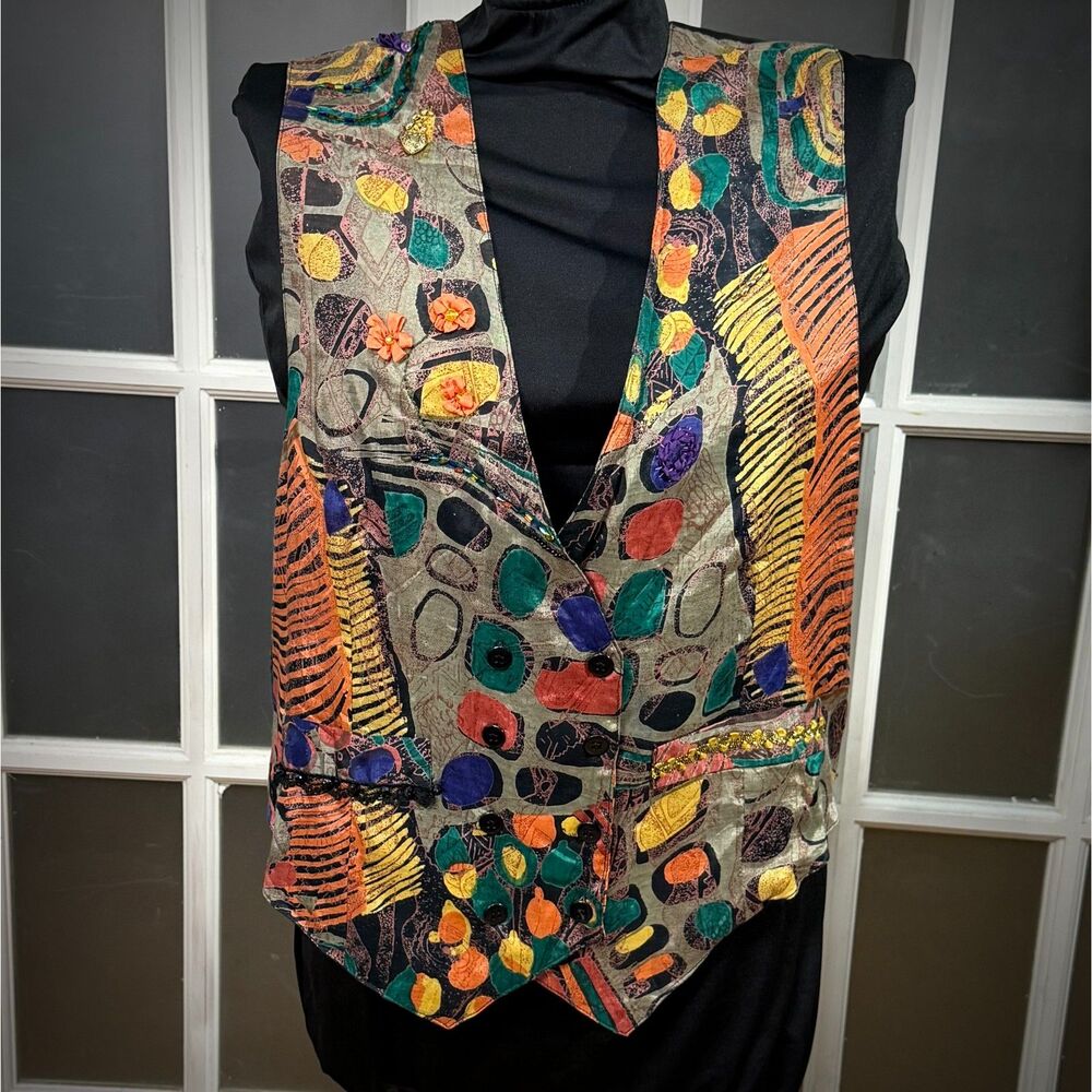Vintage Malu Malu Mixed Media Art to Wear Patchwork Vest Size M 80s 90s Boho